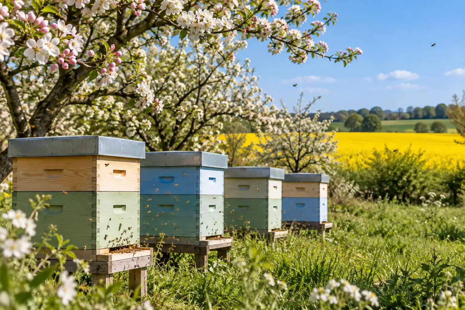 Beehives under fruit trees in spring blossom, beside a field of yellow rapeseed.