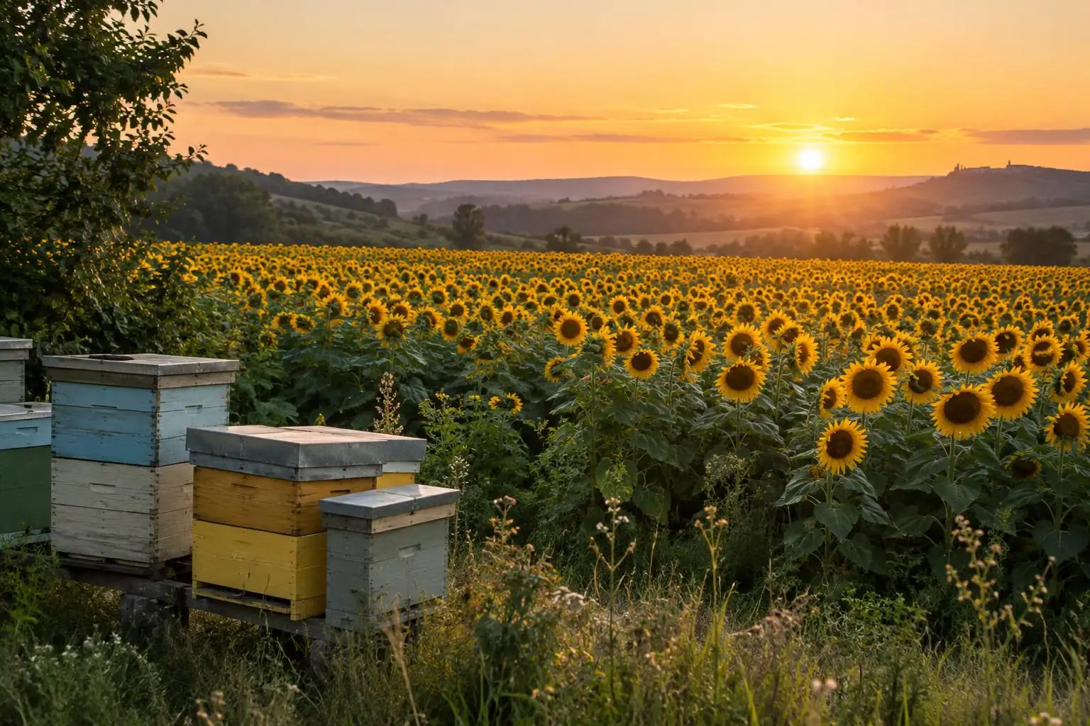 Beehives beside a sunflower field at sunset.